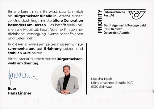 Wahlkampf Ansichtskarte BM H. Lintner Rückseite
